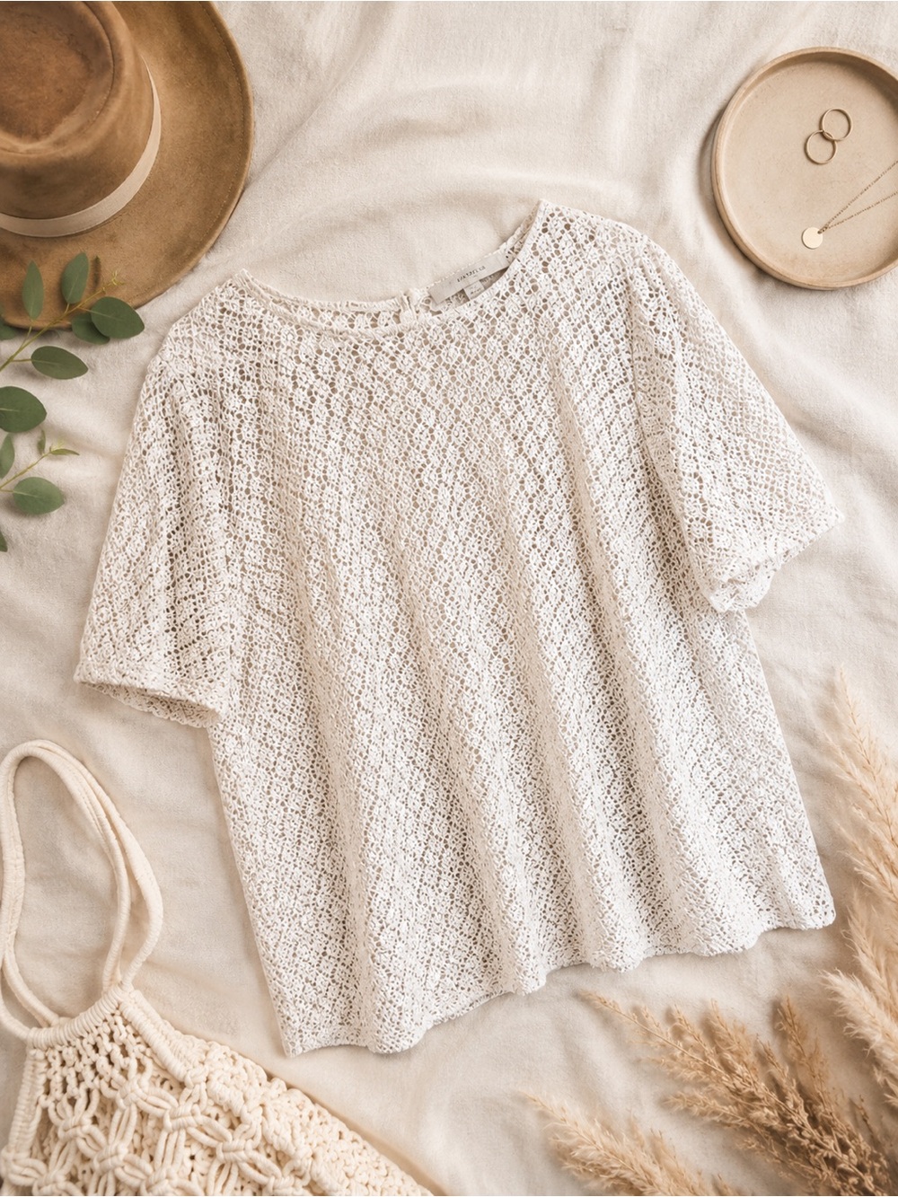 Ann Taylor White Lace Mesh Button Back Women’s Blouse Top Sheer Plus Size